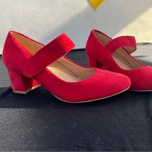 Red Walking Cradle Suede Heels